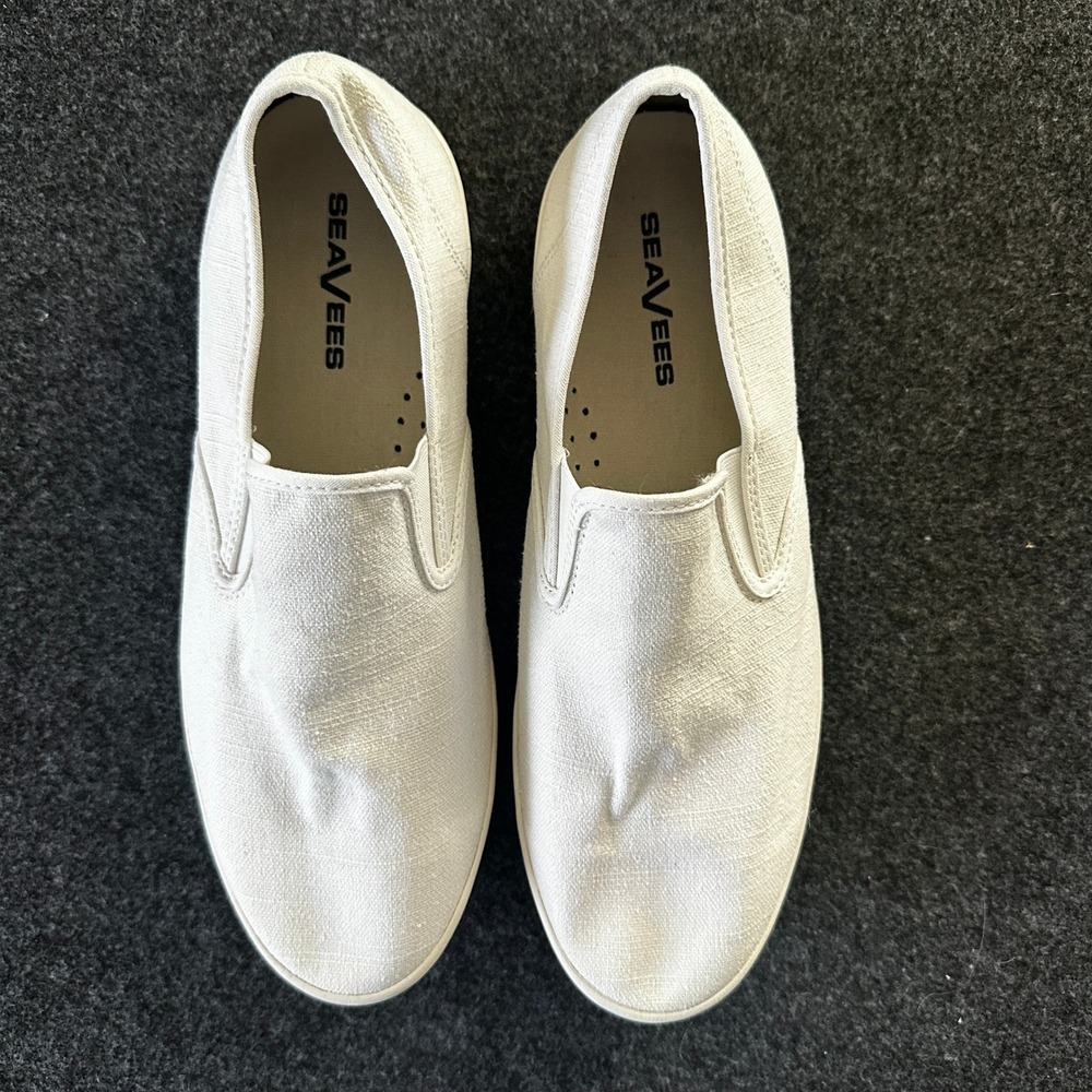 SeaVees Baja Slip On Standard Mens 13 White Vintage Washed Linen Sneakers